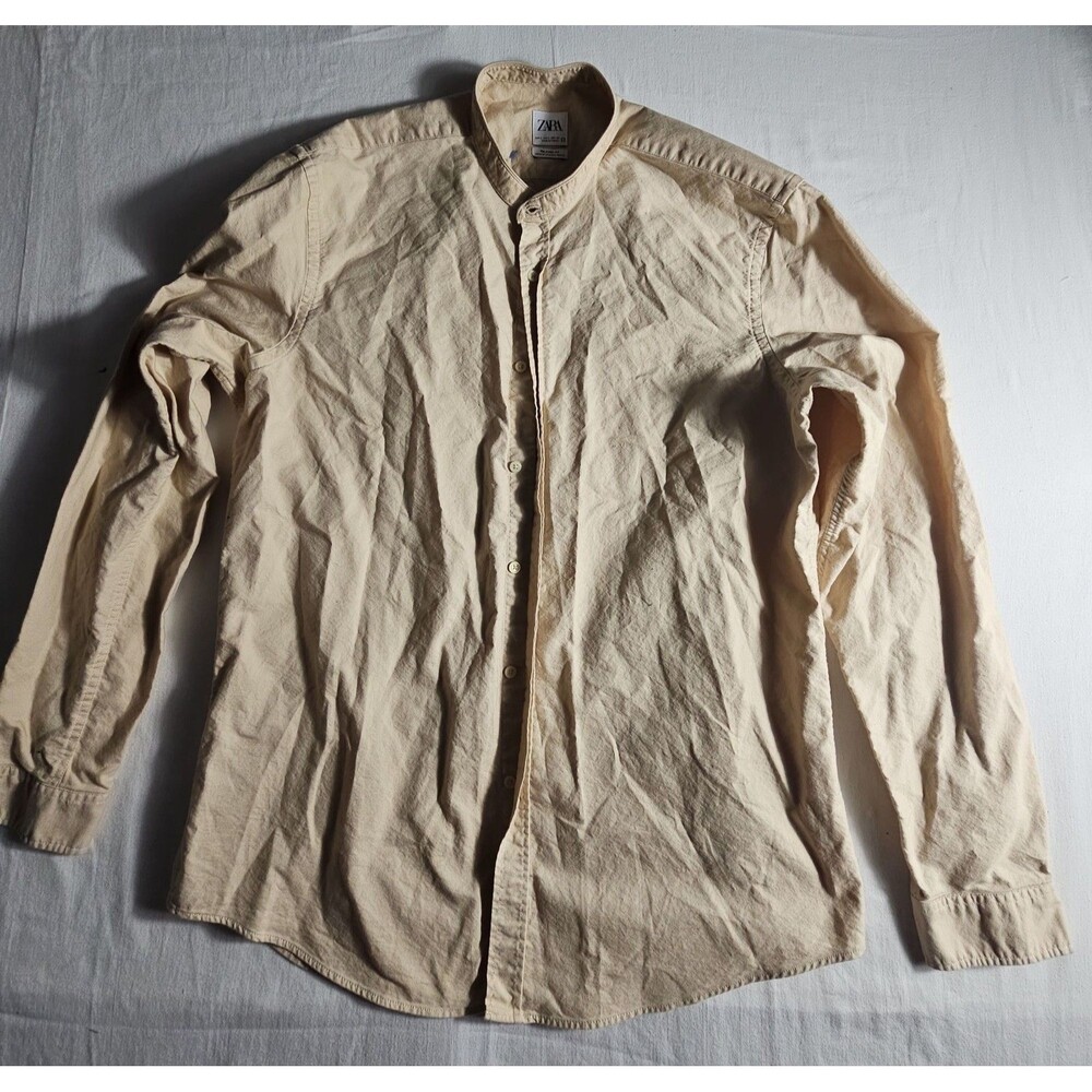ZARA Man Long Sleeve Shirt Tan Beige Mandarin Collar Button Up Size L